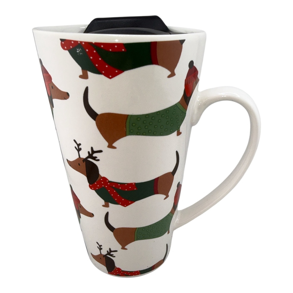 Christmas Dachshund New Bone China Latte Mug With Lid